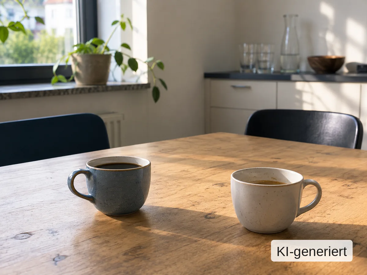 Zwei Kaffeetassen auf einem Küchentisch, Bild mit KI erstellt