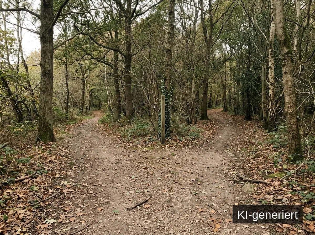 Zwei Wege an einer Weggabelung im Wald, Bild mit KI erstellt