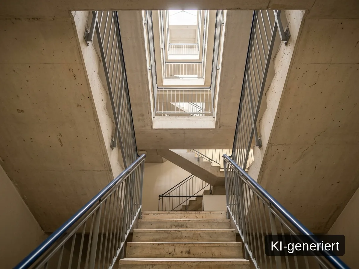Ein Treppenhaus in einem Bürogebäude, von unten aufgenommen, Bild mit KI erstellt