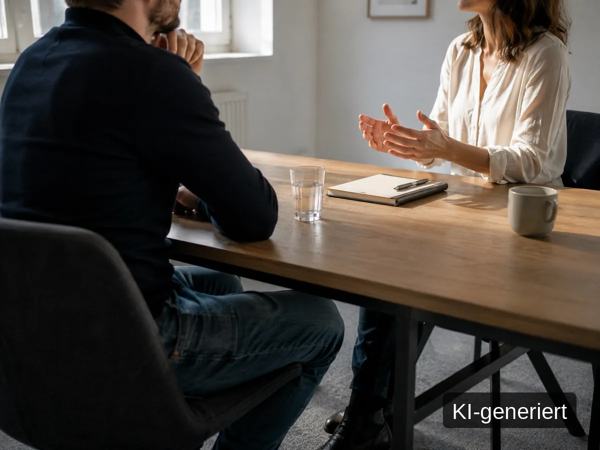 Zwei Personen im Gespräch an einem Besprechungstisch, seitlich fotografiert, Bild mit KI erstellt