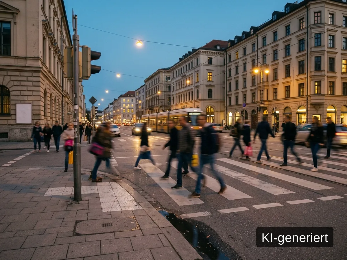 Kreuzung in der Münchner Innenstadt am frühen Abend, Bild mit KI erstellt